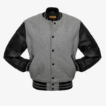 Tendon Sports Varsity Jacket grey wool and black leather