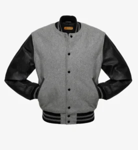 Tendon Sports Varsity Jacket grey wool and black leather