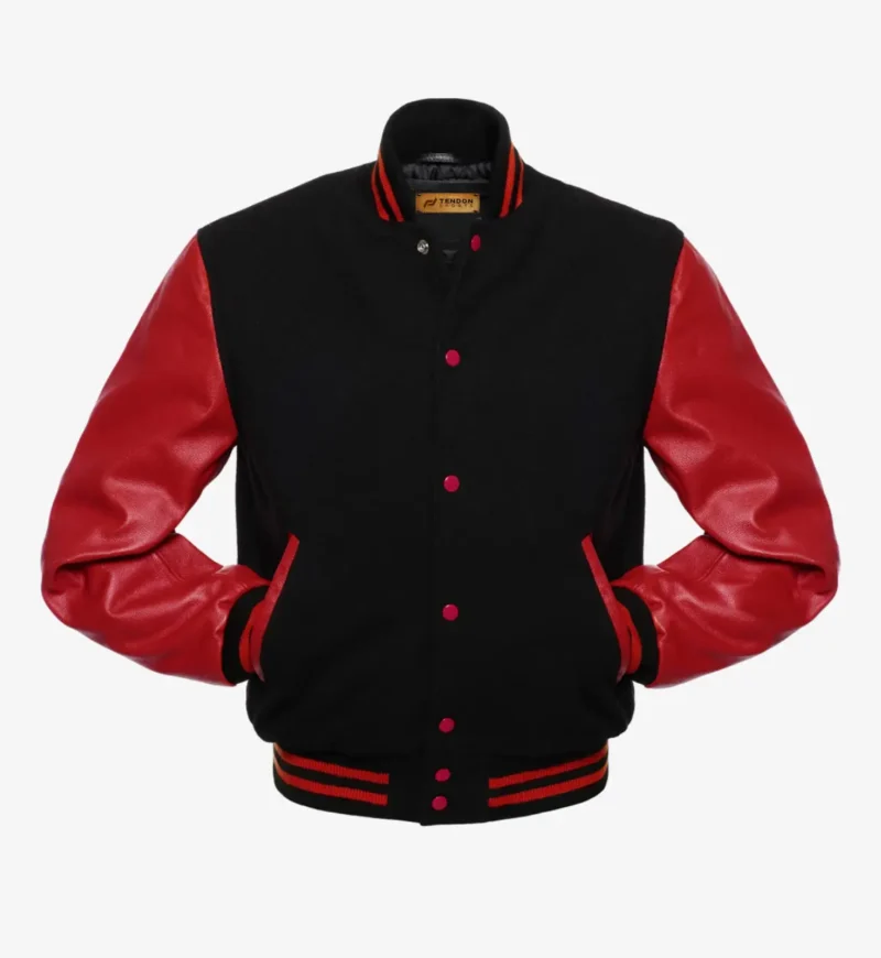 Tendon Sports Varsity Jacket black wool and red leather arms