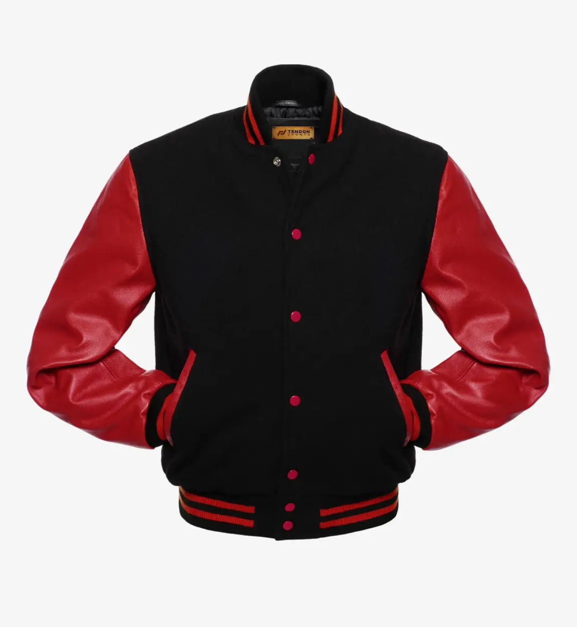 Tendon Sports Varsity Jacket black wool and red leather arms